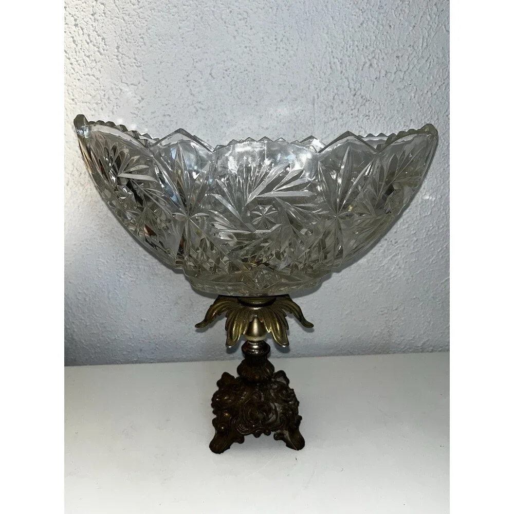 Vintage Ornate Cut Lead Crystal Pedestal Centerpiece Bowl with Brass Base